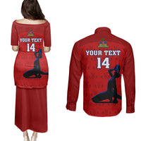 Custom Haiti Football Couples Matching Puletasi Dress and Long Sleeve Button Shirts Les Grenadieres 2023 World Cup Red Version - Wonder Print Shop