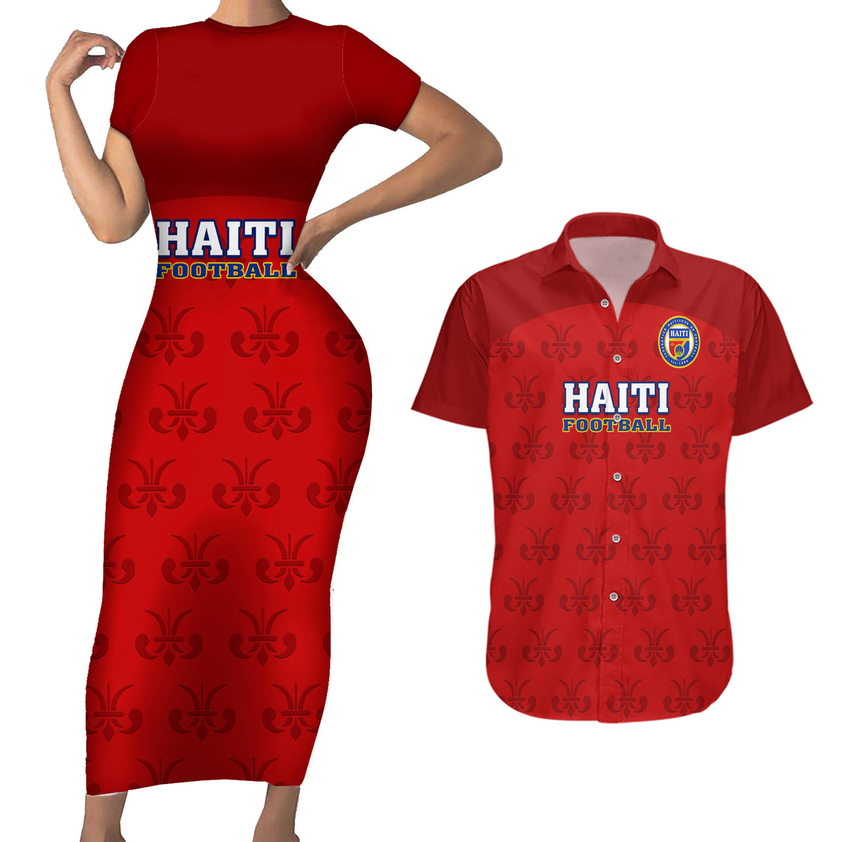 Custom Haiti Football Couples Matching Short Sleeve Bodycon Dress and Hawaiian Shirt Les Grenadieres 2023 World Cup Red Version - Wonder Print Shop