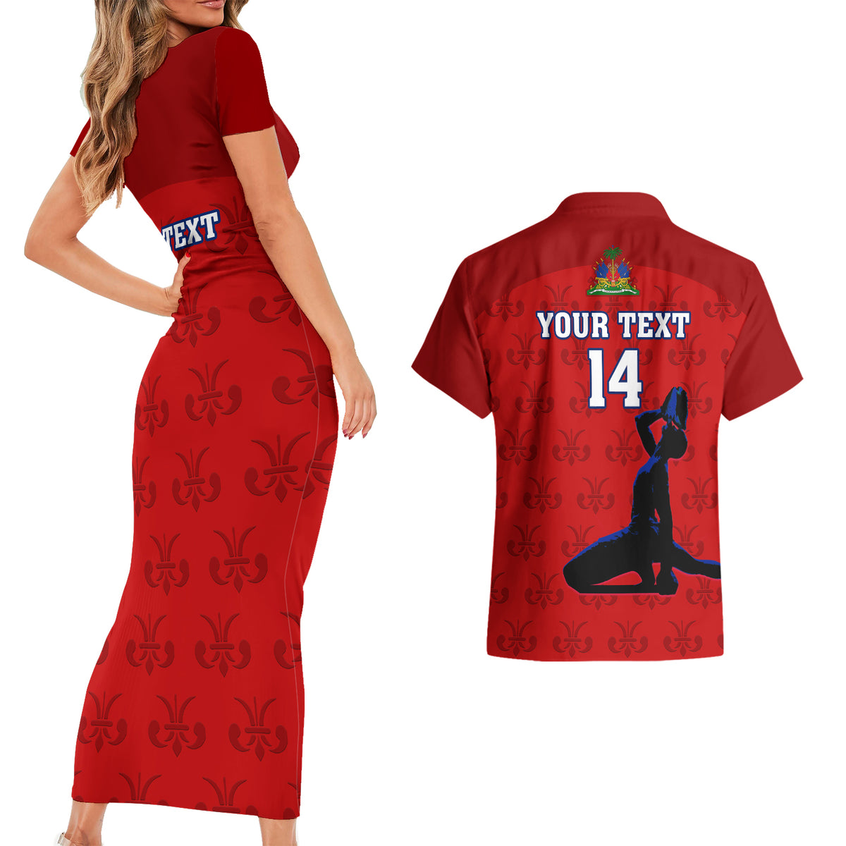 Custom Haiti Football Couples Matching Short Sleeve Bodycon Dress and Hawaiian Shirt Les Grenadieres 2023 World Cup Red Version - Wonder Print Shop