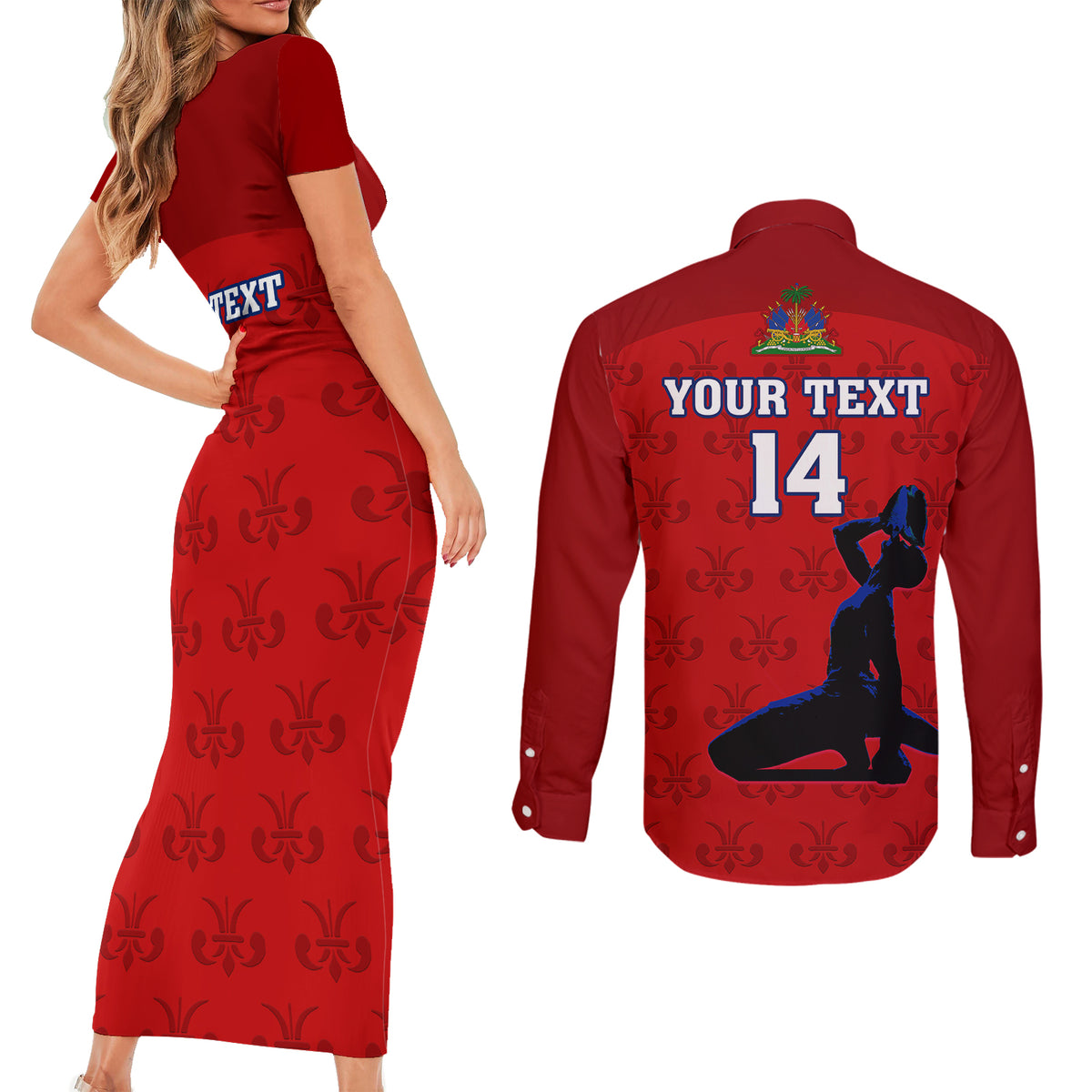 Custom Haiti Football Couples Matching Short Sleeve Bodycon Dress and Long Sleeve Button Shirts Les Grenadieres 2023 World Cup Red Version - Wonder Print Shop