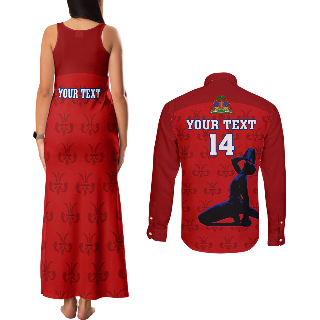 Custom Haiti Football Couples Matching Tank Maxi Dress and Long Sleeve Button Shirts Les Grenadieres 2023 World Cup Red Version - Wonder Print Shop