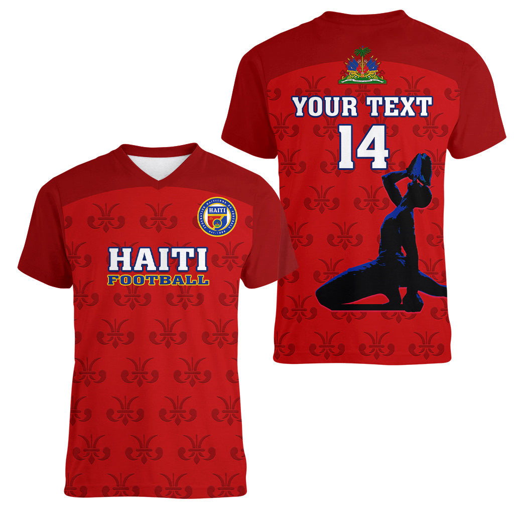 Custom Haiti Football Women V Neck T Shirt Les Grenadieres 2023 World Cup Red Version - Wonder Print Shop