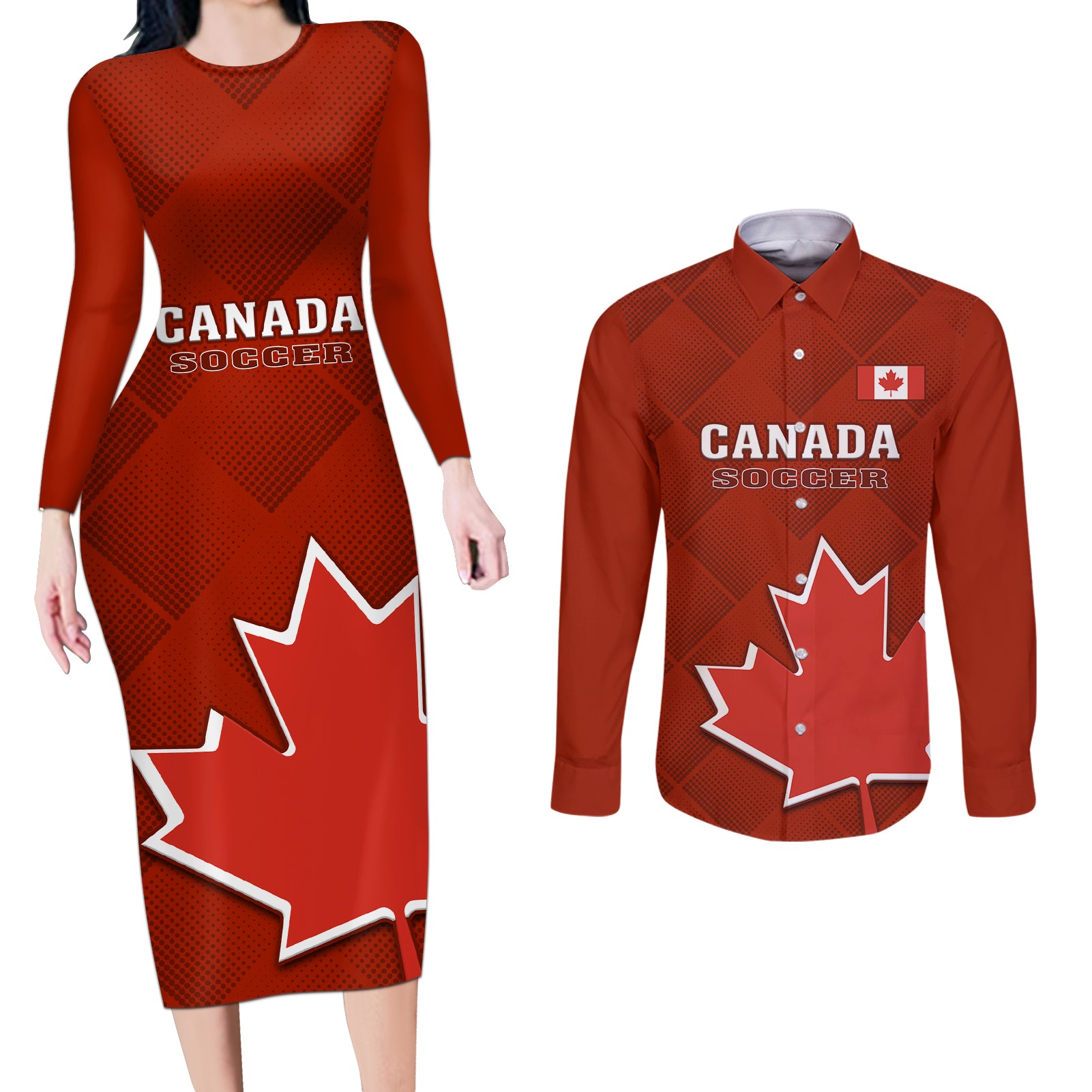 Canada Soccer Couples Matching Long Sleeve Bodycon Dress and Long Sleeve Button Shirts Go Canucks Maple Leaf 2023 World Cup - Wonder Print Shop