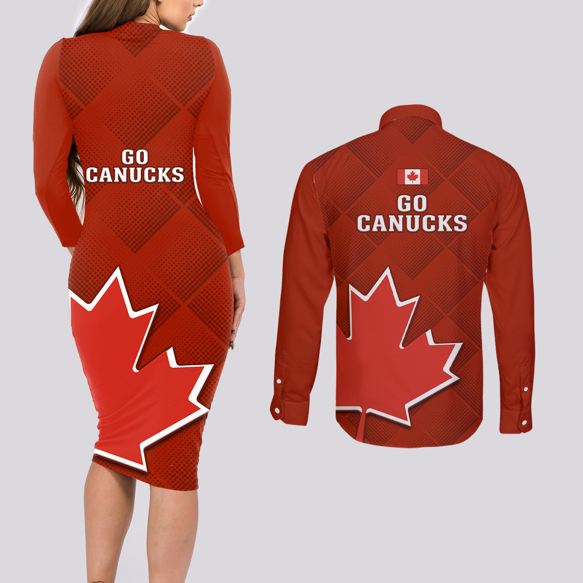 Canada Soccer Couples Matching Long Sleeve Bodycon Dress and Long Sleeve Button Shirts Go Canucks Maple Leaf 2023 World Cup - Wonder Print Shop