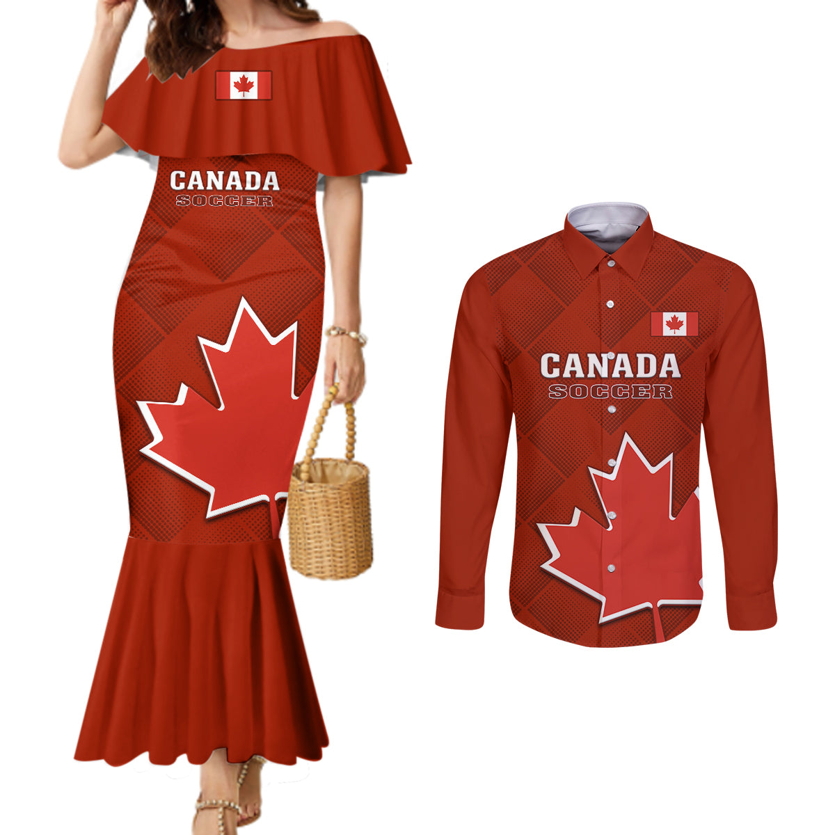 canada-soccer-couples-matching-mermaid-dress-and-long-sleeve-button-shirts-go-canucks-maple-leaf-2023-world-cup