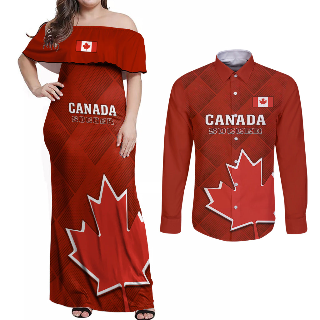 canada-soccer-couples-matching-off-shoulder-maxi-dress-and-long-sleeve-button-shirts-go-canucks-maple-leaf-2023-world-cup