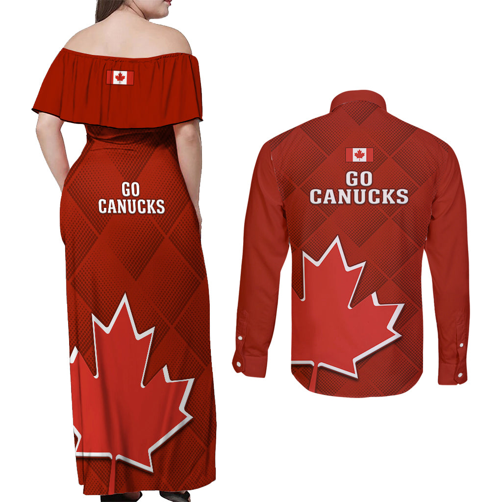 Canada Soccer Couples Matching Off Shoulder Maxi Dress and Long Sleeve Button Shirts Go Canucks Maple Leaf 2023 World Cup - Wonder Print Shop