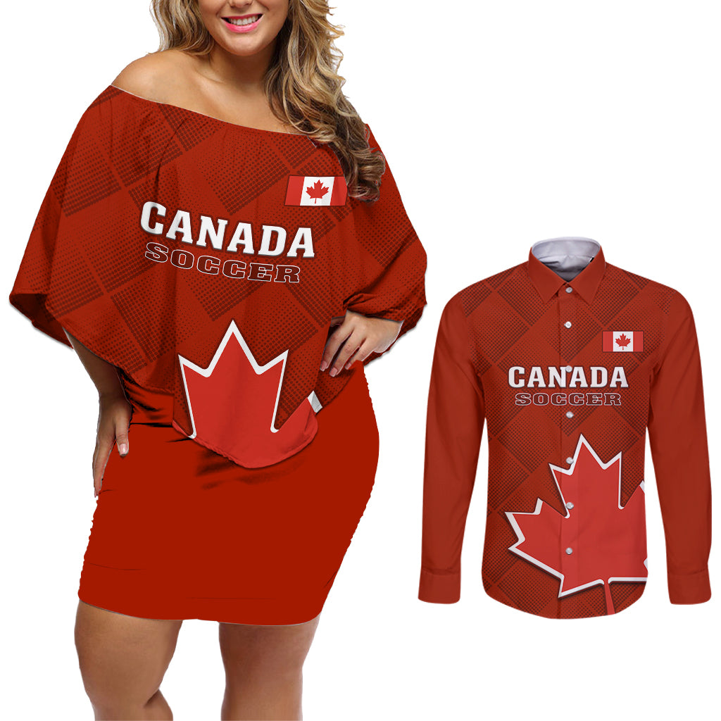 canada-soccer-couples-matching-off-shoulder-short-dress-and-long-sleeve-button-shirts-go-canucks-maple-leaf-2023-world-cup