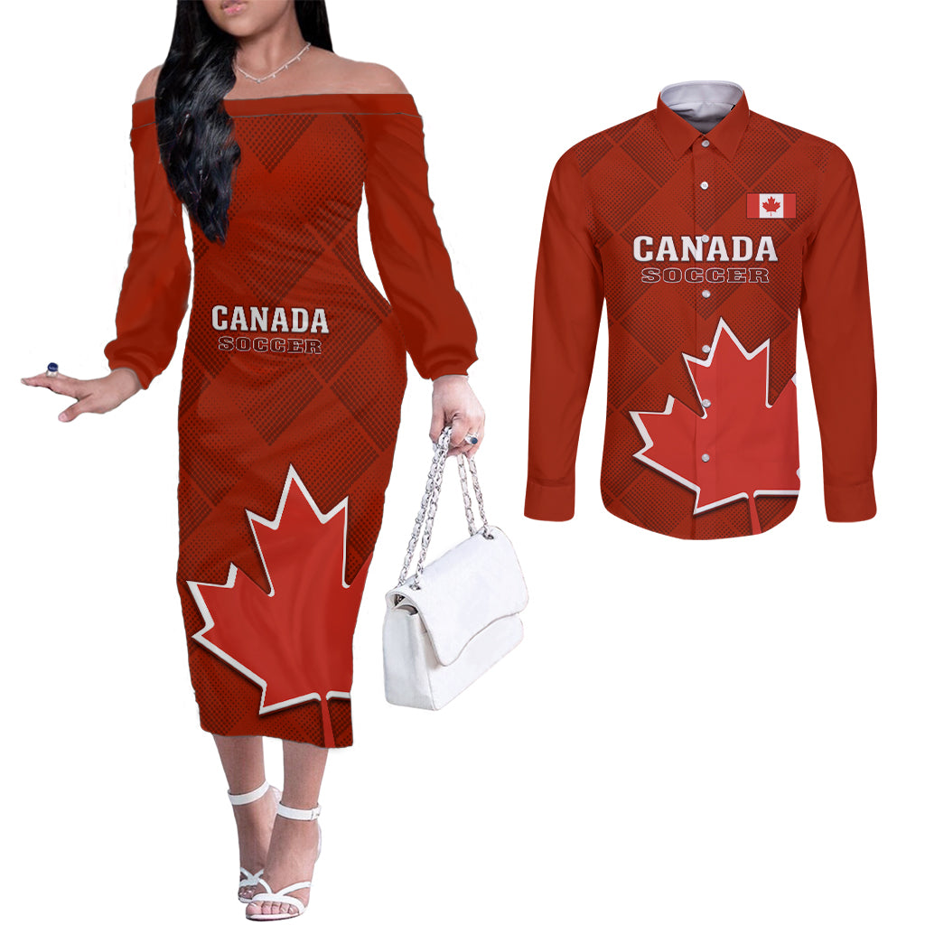 canada-soccer-couples-matching-off-the-shoulder-long-sleeve-dress-and-long-sleeve-button-shirts-go-canucks-maple-leaf-2023-world-cup