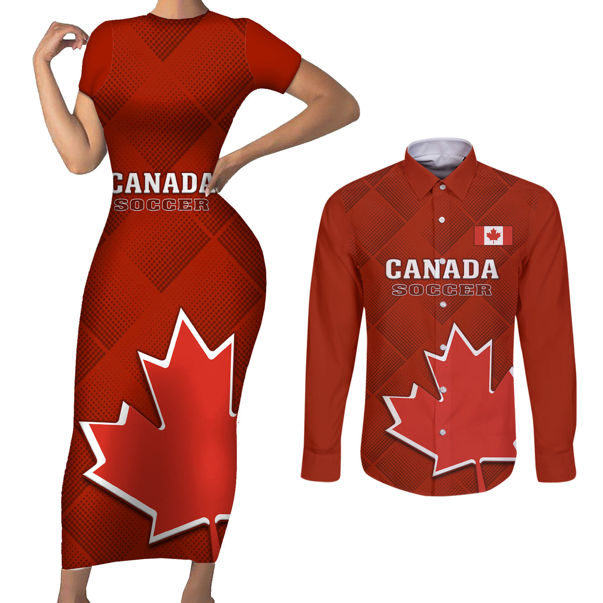 Canada Soccer Couples Matching Short Sleeve Bodycon Dress and Long Sleeve Button Shirts Go Canucks Maple Leaf 2023 World Cup - Wonder Print Shop