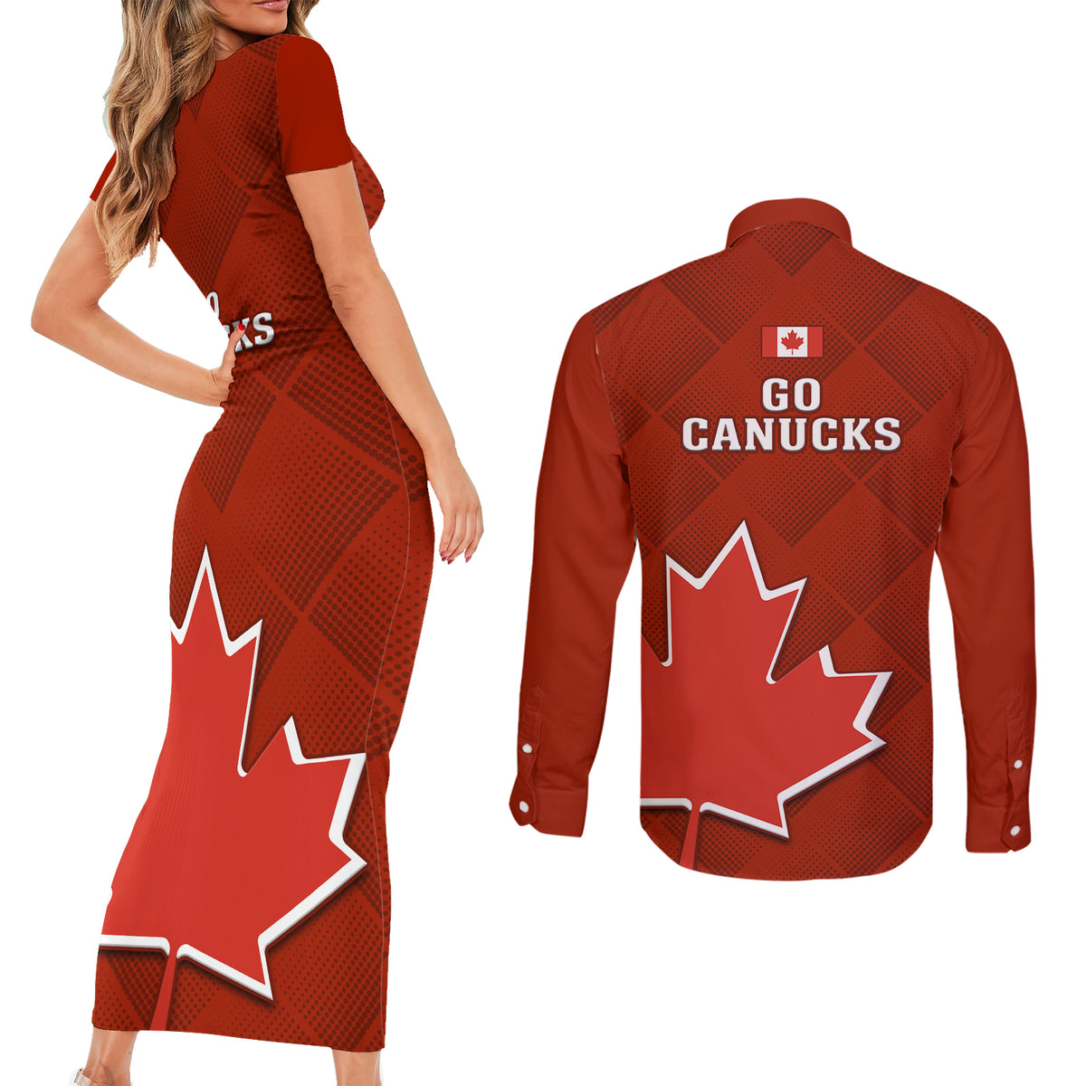 Canada Soccer Couples Matching Short Sleeve Bodycon Dress and Long Sleeve Button Shirts Go Canucks Maple Leaf 2023 World Cup - Wonder Print Shop