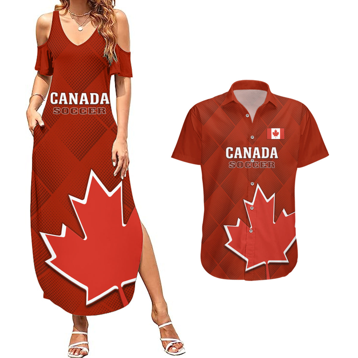 Canada Soccer Couples Matching Summer Maxi Dress and Hawaiian Shirt Go Canucks Maple Leaf 2023 World Cup - Wonder Print Shop