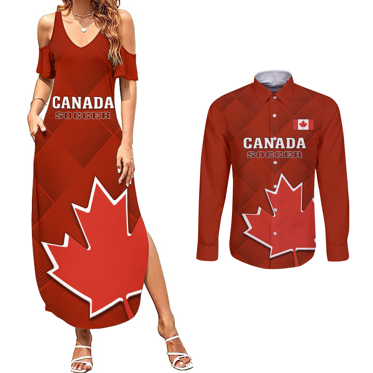 Canada Soccer Couples Matching Summer Maxi Dress and Long Sleeve Button Shirts Go Canucks Maple Leaf 2023 World Cup - Wonder Print Shop