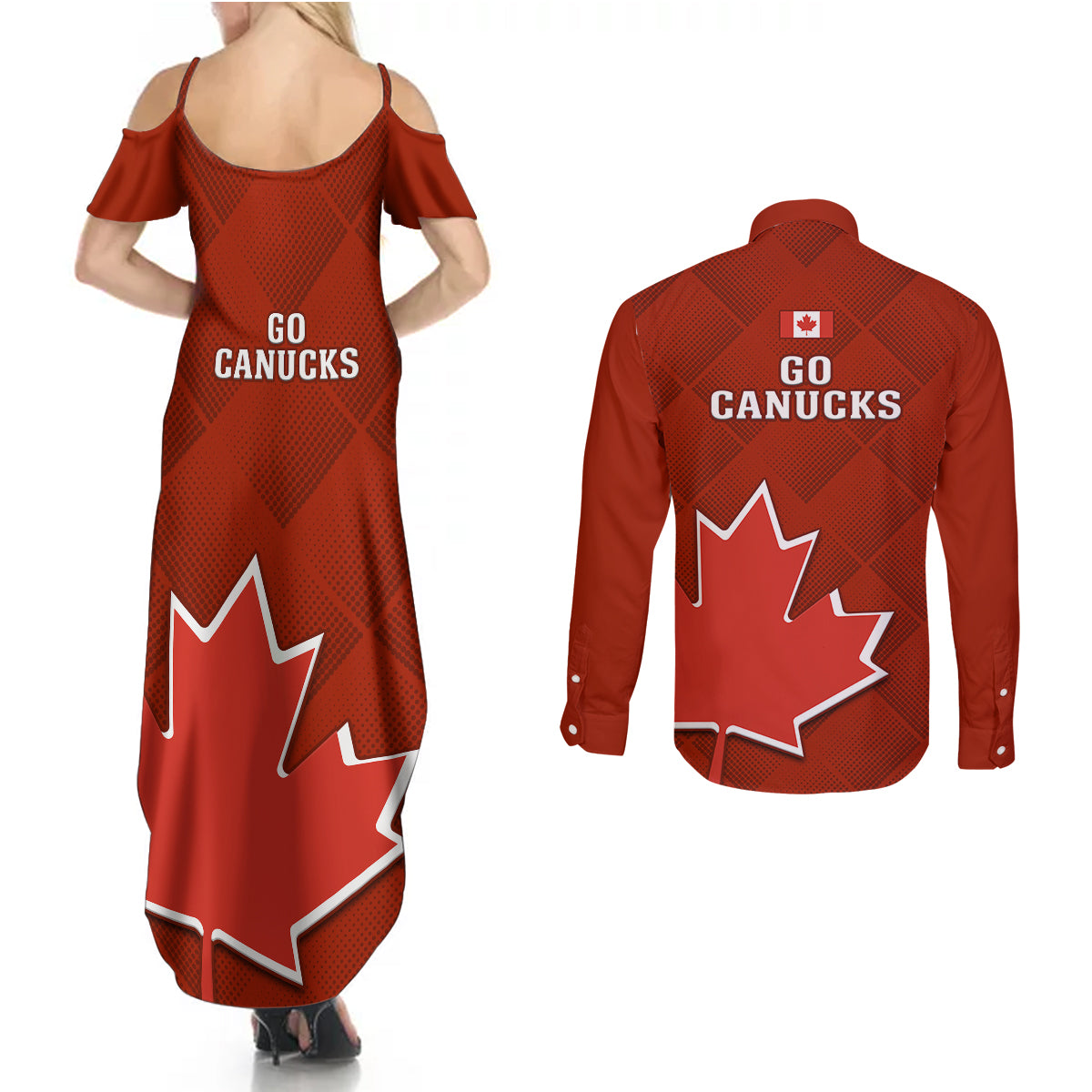 Canada Soccer Couples Matching Summer Maxi Dress and Long Sleeve Button Shirts Go Canucks Maple Leaf 2023 World Cup - Wonder Print Shop