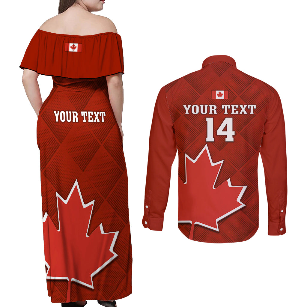 Custom Canada Soccer Couples Matching Off Shoulder Maxi Dress and Long Sleeve Button Shirts Go Canucks Maple Leaf 2023 World Cup - Wonder Print Shop