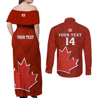 Custom Canada Soccer Couples Matching Off Shoulder Maxi Dress and Long Sleeve Button Shirts Go Canucks Maple Leaf 2023 World Cup - Wonder Print Shop