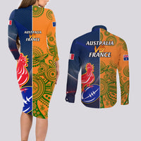 France And Australia Rugby Couples Matching Long Sleeve Bodycon Dress and Long Sleeve Button Shirts 2023 World Cup Le Bleus Wallabies Together - Wonder Print Shop