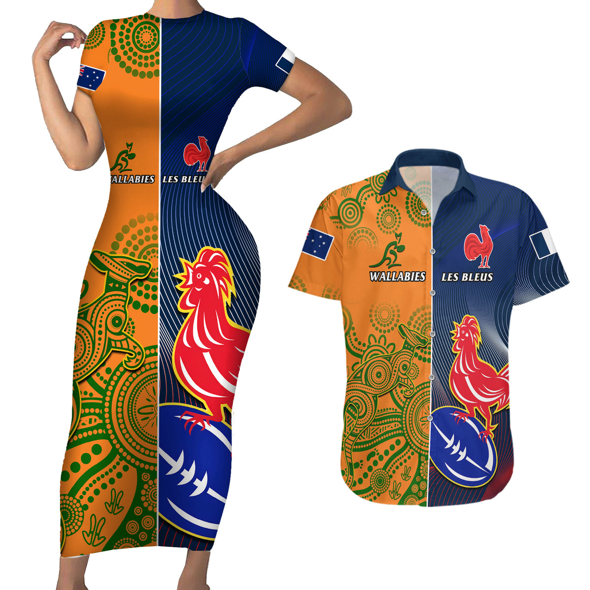 France And Australia Rugby Couples Matching Short Sleeve Bodycon Dress and Hawaiian Shirt 2023 World Cup Le Bleus Wallabies Together - Wonder Print Shop