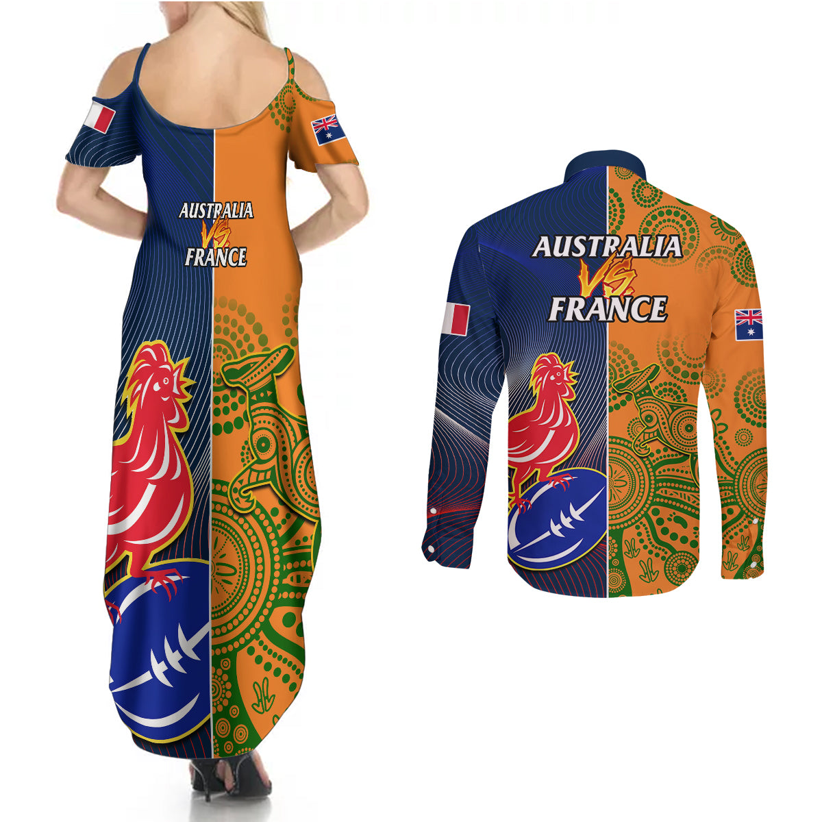 France And Australia Rugby Couples Matching Summer Maxi Dress and Long Sleeve Button Shirts 2023 World Cup Le Bleus Wallabies Together - Wonder Print Shop