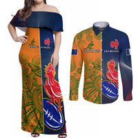 Custom France And Australia Rugby Couples Matching Off Shoulder Maxi Dress and Long Sleeve Button Shirts 2023 World Cup Le Bleus Wallabies Together - Wonder Print Shop