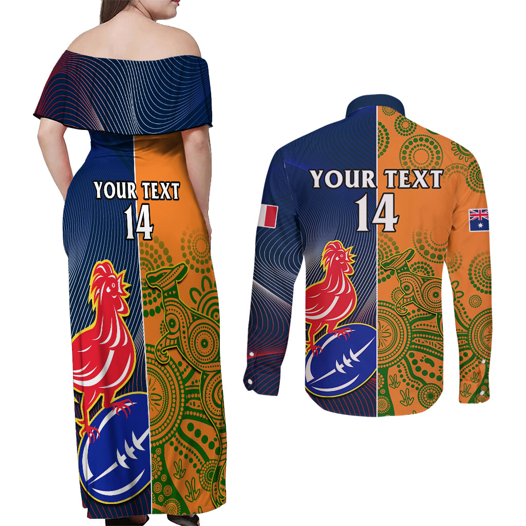 Custom France And Australia Rugby Couples Matching Off Shoulder Maxi Dress and Long Sleeve Button Shirts 2023 World Cup Le Bleus Wallabies Together - Wonder Print Shop