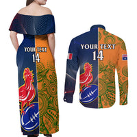 Custom France And Australia Rugby Couples Matching Off Shoulder Maxi Dress and Long Sleeve Button Shirts 2023 World Cup Le Bleus Wallabies Together - Wonder Print Shop