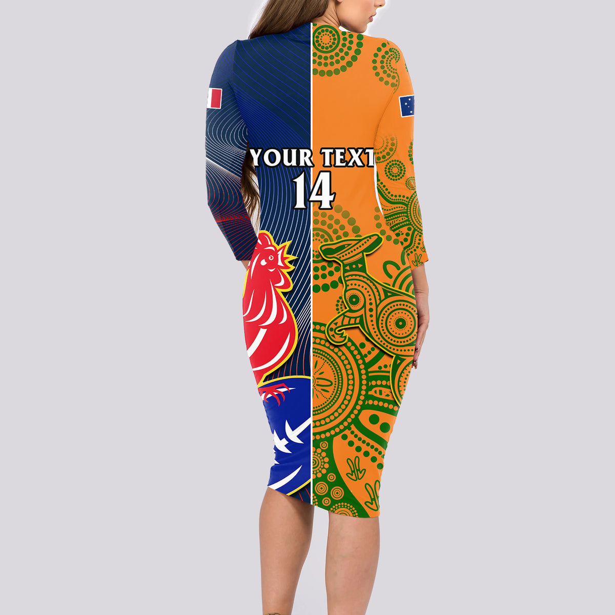 Custom France And Australia Rugby Long Sleeve Bodycon Dress 2023 World Cup Le Bleus Wallabies Together - Wonder Print Shop
