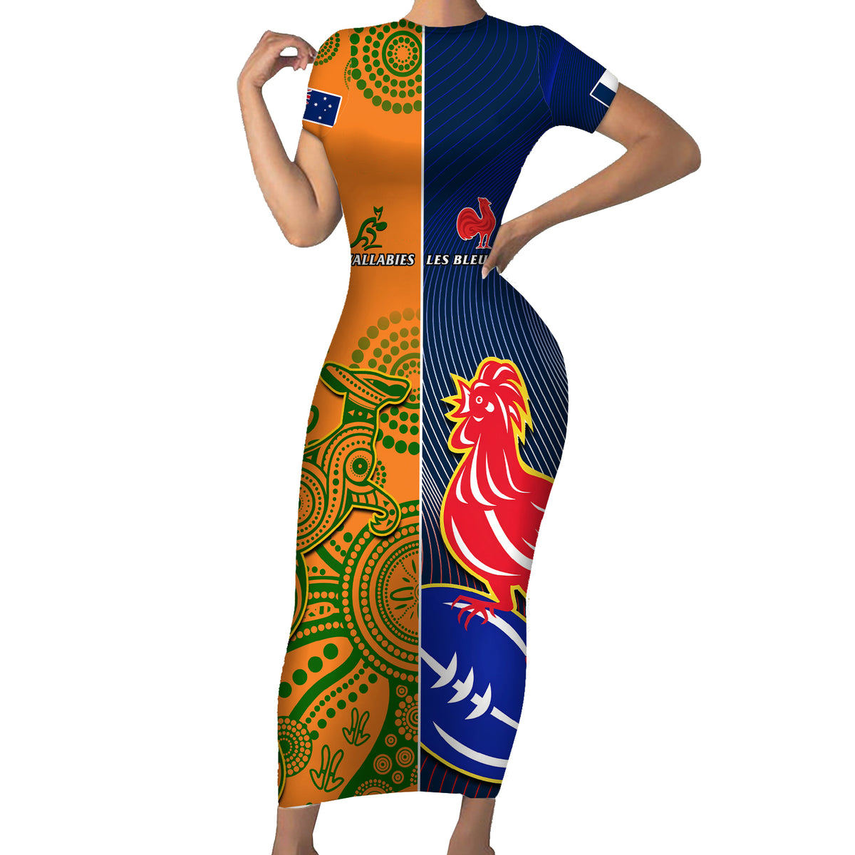Custom France And Australia Rugby Short Sleeve Bodycon Dress 2023 World Cup Le Bleus Wallabies Together - Wonder Print Shop