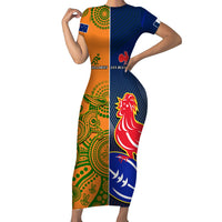 Custom France And Australia Rugby Short Sleeve Bodycon Dress 2023 World Cup Le Bleus Wallabies Together - Wonder Print Shop