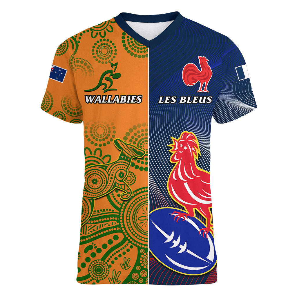 Custom France And Australia Rugby Women V Neck T Shirt 2023 World Cup Le Bleus Wallabies Together - Wonder Print Shop