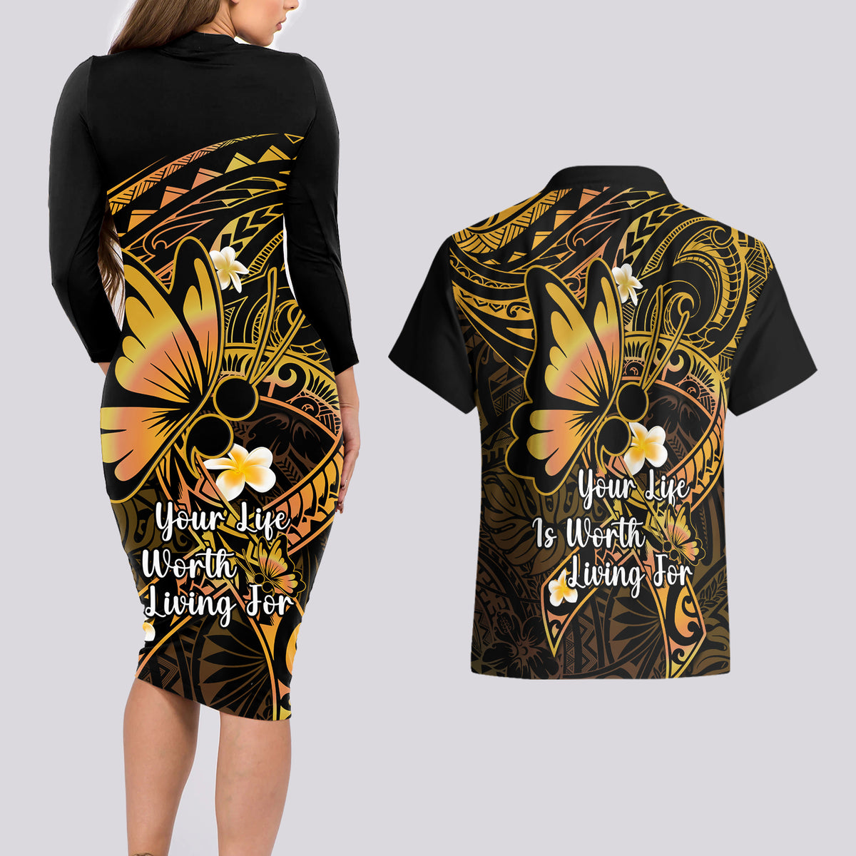 Polynesia Suicide Prevention Awareness Couples Matching Long Sleeve Bodycon Dress and Hawaiian Shirt Your Life Is Worth Living For Polynesian Purple Pattern - Wonder Print Shop