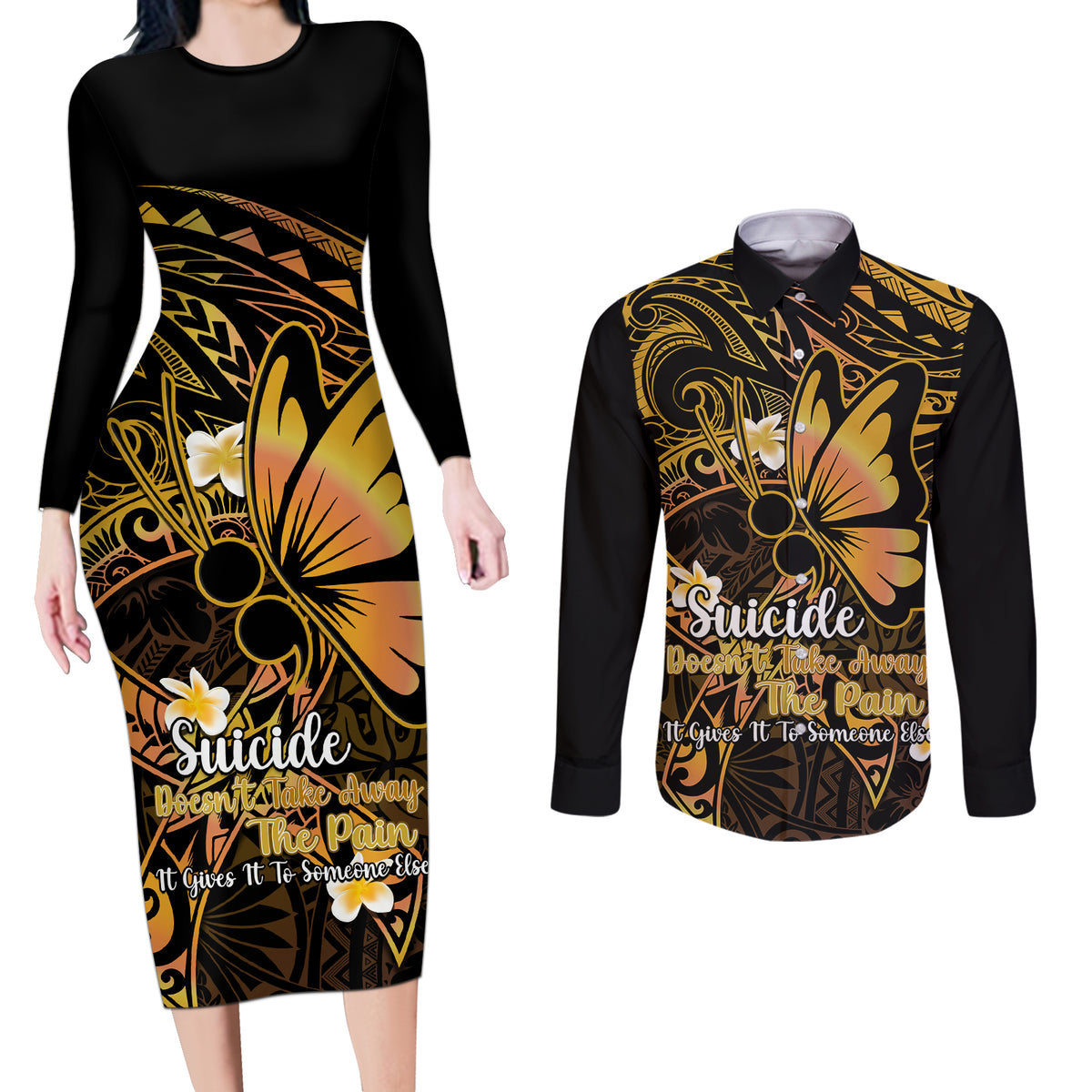 Polynesia Suicide Prevention Awareness Couples Matching Long Sleeve Bodycon Dress and Long Sleeve Button Shirts Your Life Is Worth Living For Polynesian Purple Pattern - Wonder Print Shop
