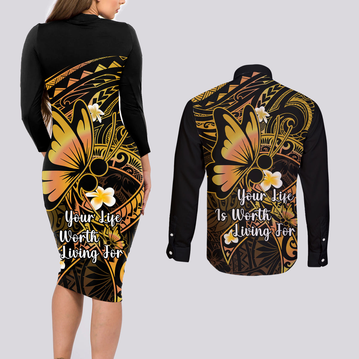 Polynesia Suicide Prevention Awareness Couples Matching Long Sleeve Bodycon Dress and Long Sleeve Button Shirts Your Life Is Worth Living For Polynesian Purple Pattern - Wonder Print Shop