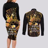 Polynesia Suicide Prevention Awareness Couples Matching Long Sleeve Bodycon Dress and Long Sleeve Button Shirts Your Life Is Worth Living For Polynesian Purple Pattern - Wonder Print Shop