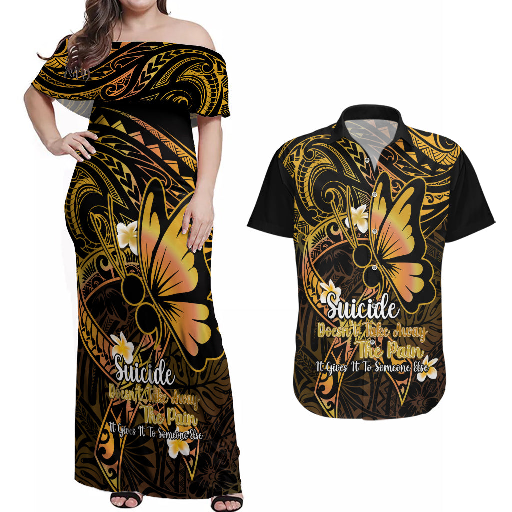 Polynesia Suicide Prevention Awareness Couples Matching Off Shoulder Maxi Dress and Hawaiian Shirt Your Life Is Worth Living For Polynesian Purple Pattern - Wonder Print Shop