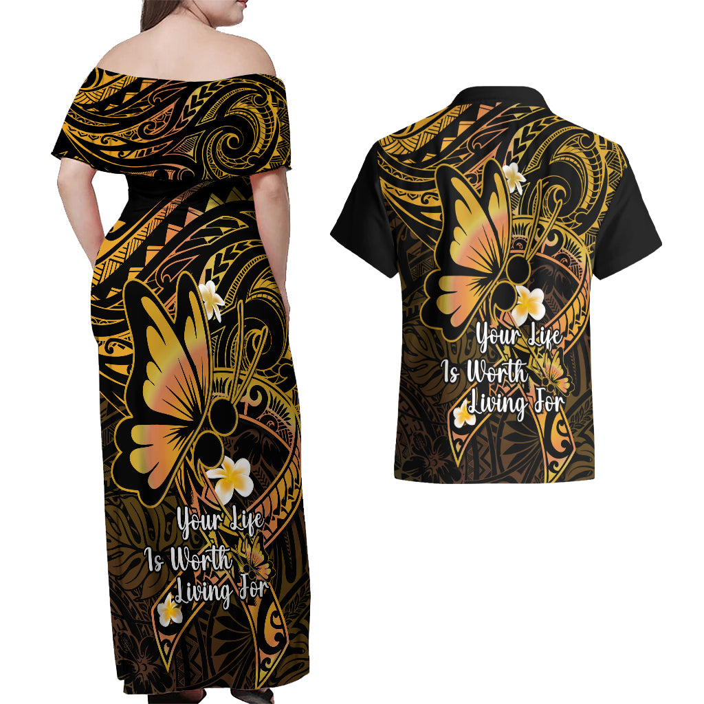 Polynesia Suicide Prevention Awareness Couples Matching Off Shoulder Maxi Dress and Hawaiian Shirt Your Life Is Worth Living For Polynesian Purple Pattern - Wonder Print Shop