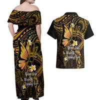 Polynesia Suicide Prevention Awareness Couples Matching Off Shoulder Maxi Dress and Hawaiian Shirt Your Life Is Worth Living For Polynesian Purple Pattern - Wonder Print Shop