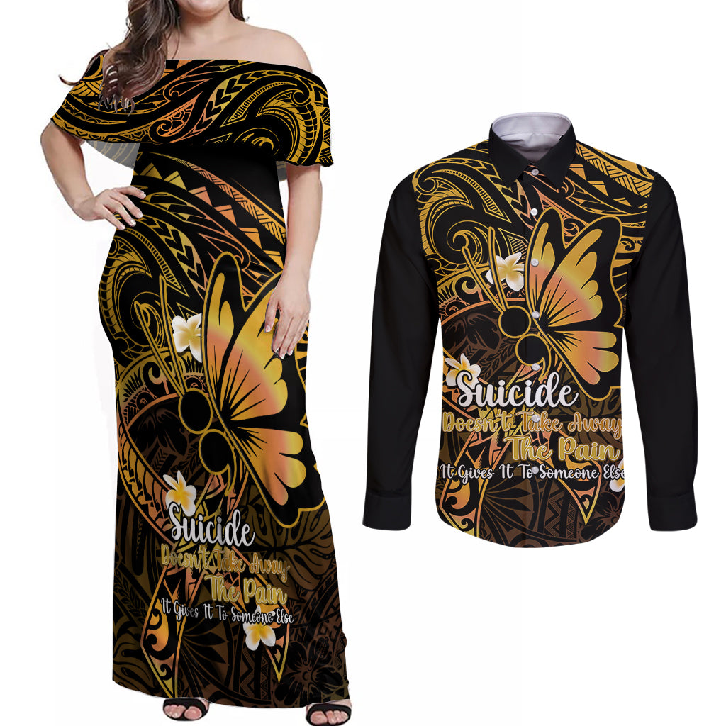 Polynesia Suicide Prevention Awareness Couples Matching Off Shoulder Maxi Dress and Long Sleeve Button Shirts Your Life Is Worth Living For Polynesian Purple Pattern - Wonder Print Shop