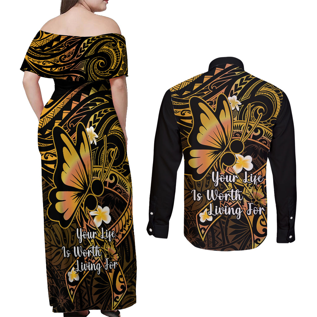 Polynesia Suicide Prevention Awareness Couples Matching Off Shoulder Maxi Dress and Long Sleeve Button Shirts Your Life Is Worth Living For Polynesian Purple Pattern - Wonder Print Shop