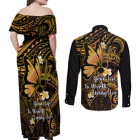 Polynesia Suicide Prevention Awareness Couples Matching Off Shoulder Maxi Dress and Long Sleeve Button Shirts Your Life Is Worth Living For Polynesian Purple Pattern - Wonder Print Shop