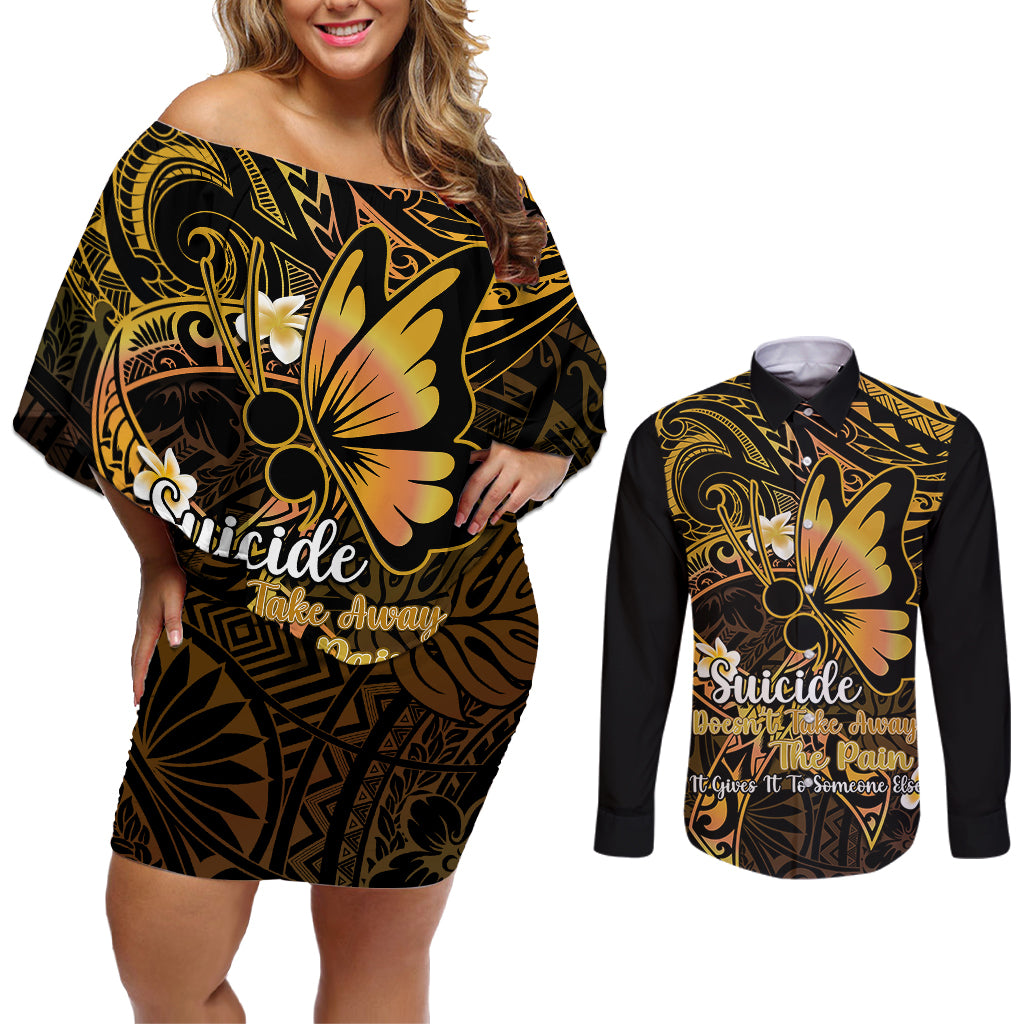 Polynesia Suicide Prevention Awareness Couples Matching Off Shoulder Short Dress and Long Sleeve Button Shirts Your Life Is Worth Living For Polynesian Purple Pattern - Wonder Print Shop