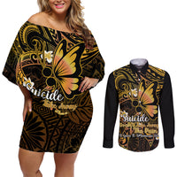 Polynesia Suicide Prevention Awareness Couples Matching Off Shoulder Short Dress and Long Sleeve Button Shirts Your Life Is Worth Living For Polynesian Purple Pattern - Wonder Print Shop