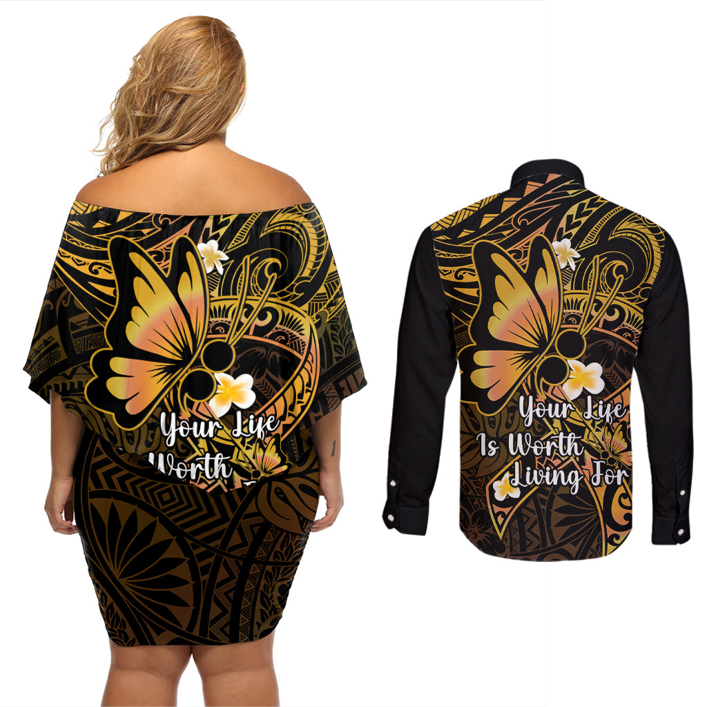 Polynesia Suicide Prevention Awareness Couples Matching Off Shoulder Short Dress and Long Sleeve Button Shirts Your Life Is Worth Living For Polynesian Purple Pattern - Wonder Print Shop