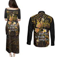 Polynesia Suicide Prevention Awareness Couples Matching Puletasi Dress and Long Sleeve Button Shirts Your Life Is Worth Living For Polynesian Purple Pattern - Wonder Print Shop