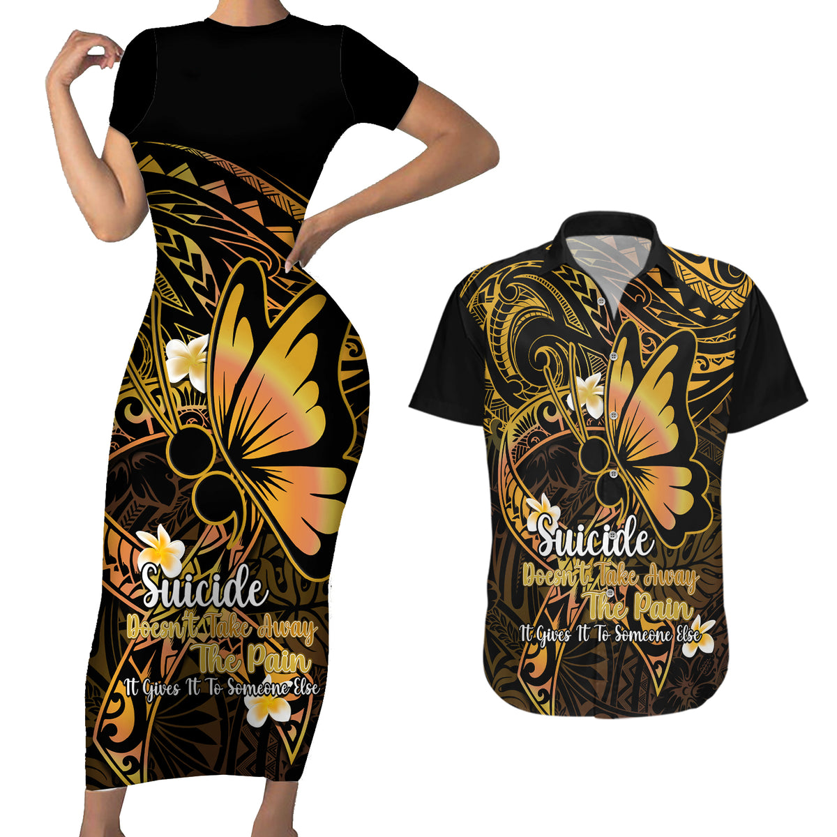 Polynesia Suicide Prevention Awareness Couples Matching Short Sleeve Bodycon Dress and Hawaiian Shirt Your Life Is Worth Living For Polynesian Purple Pattern - Wonder Print Shop