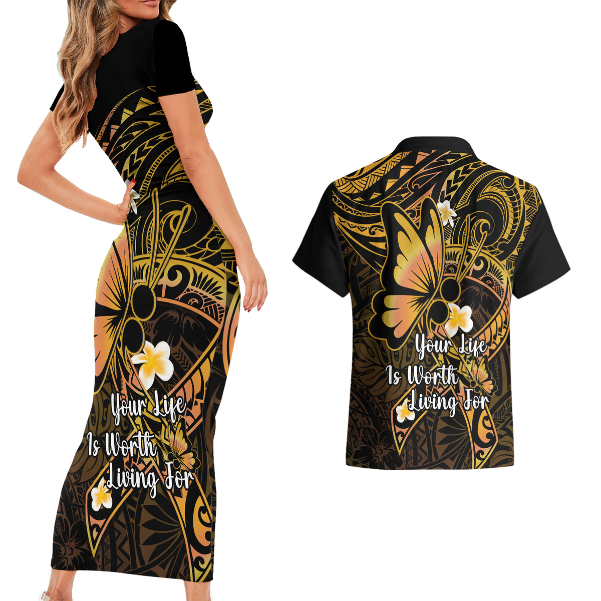 Polynesia Suicide Prevention Awareness Couples Matching Short Sleeve Bodycon Dress and Hawaiian Shirt Your Life Is Worth Living For Polynesian Purple Pattern - Wonder Print Shop
