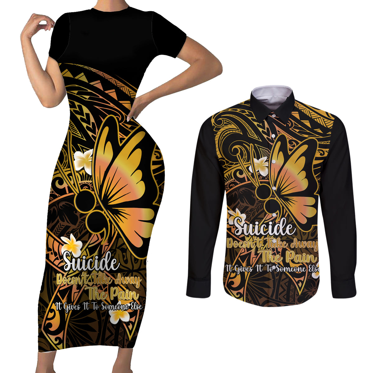 Polynesia Suicide Prevention Awareness Couples Matching Short Sleeve Bodycon Dress and Long Sleeve Button Shirts Your Life Is Worth Living For Polynesian Purple Pattern - Wonder Print Shop