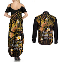Polynesia Suicide Prevention Awareness Couples Matching Summer Maxi Dress and Long Sleeve Button Shirts Your Life Is Worth Living For Polynesian Purple Pattern - Wonder Print Shop