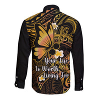 Polynesia Suicide Prevention Awareness Long Sleeve Button Shirt Your Life Is Worth Living For Polynesian Purple Pattern - Wonder Print Shop