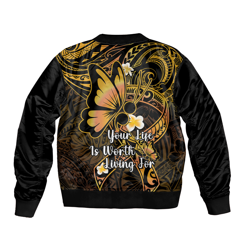 Polynesia Suicide Prevention Awareness Sleeve Zip Bomber Jacket Your Life Is Worth Living For Polynesian Purple Pattern - Wonder Print Shop